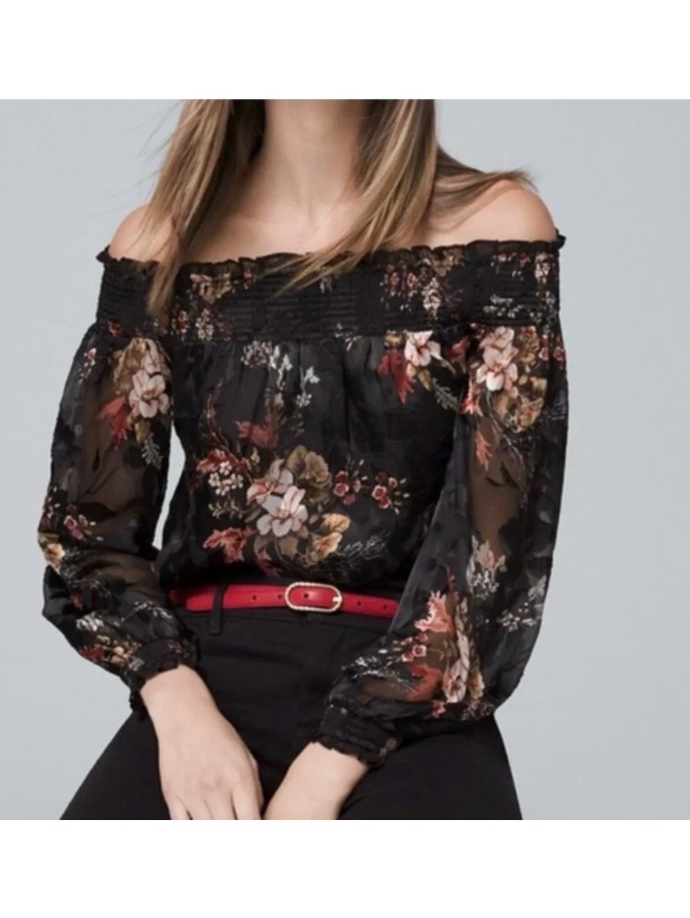 White House Black Market M Silk Burnout Floral Off Shoulder